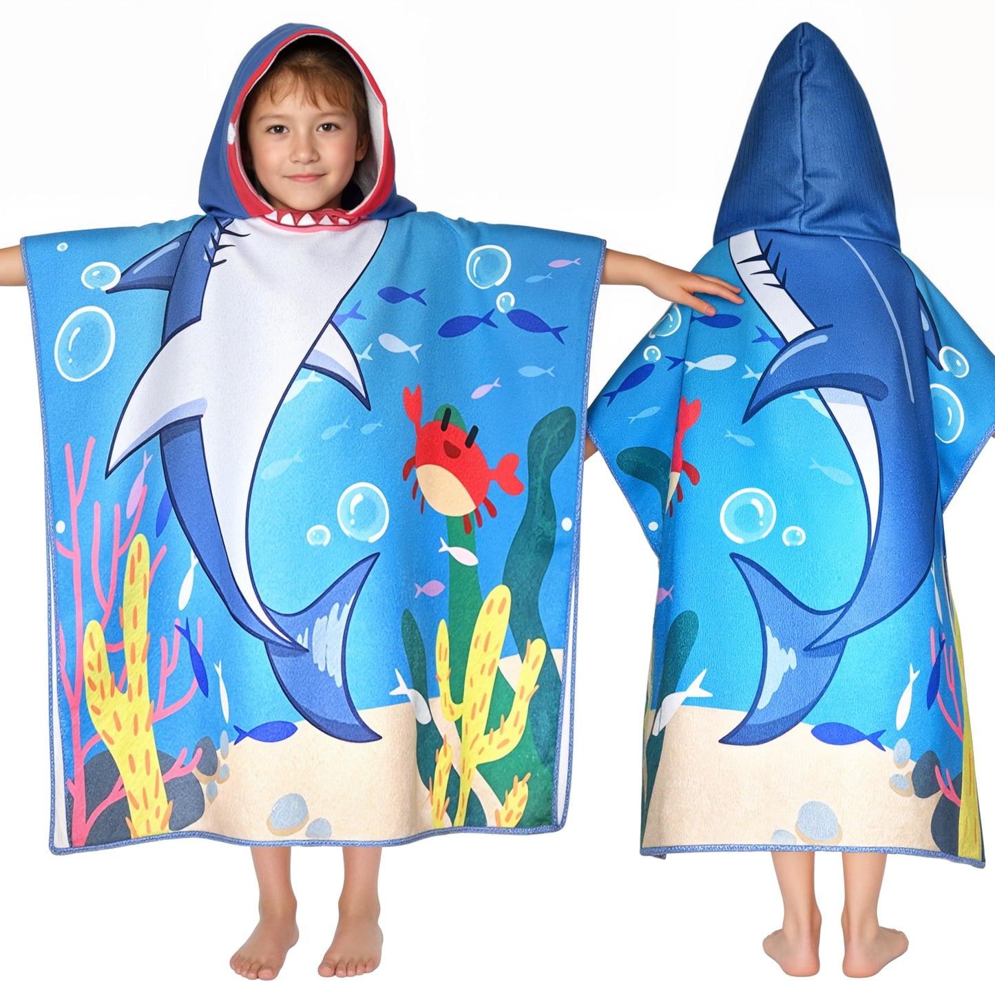 Shark Hooded Towels for Kids, with Backpack, Kids Beach Towel 30x 25 for 3-10 Years, Shark Gifts for Boys Girls, Toddler Swim Co