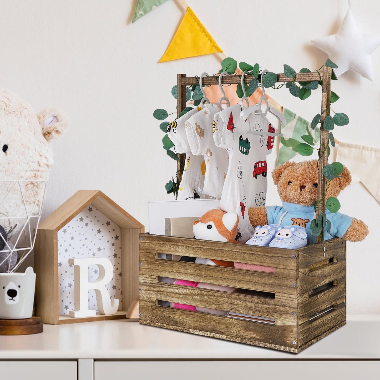 Snpwne Wooden Baby Shower Crate Baby Basket With Handle, Baby Storage Crate, Baby Welcome Box, Newborn Boy Girl Welcome Gift Bas