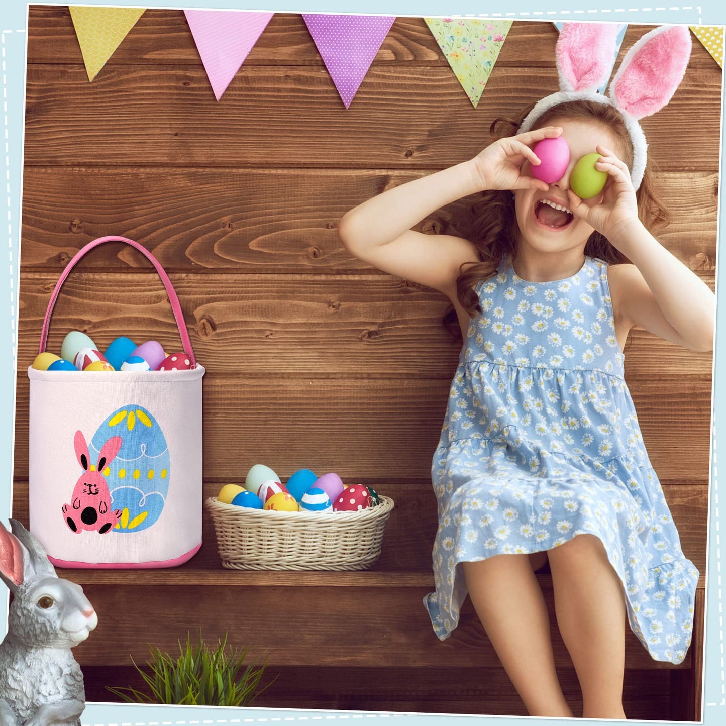 Honeydak 4 Pcs Easter Bunny Basket Bags For Kids Canvas Bunny Totes Bag Bucket For Easter Eggs Toys Rabbit Easter Hunt Basket Wi