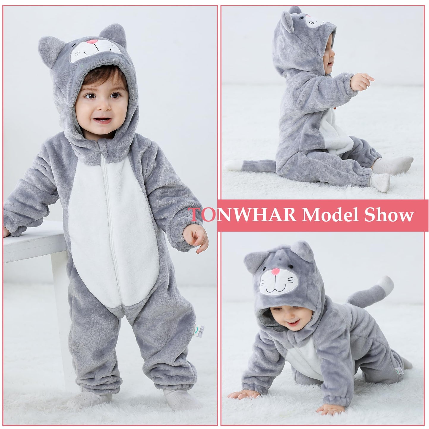 Tonwhar Unisex Baby Animal Halloween Costume Kid'S And Toddler'S Autumn Winter Outfits Jumpsuit(1-3 Months,Gray Cat)