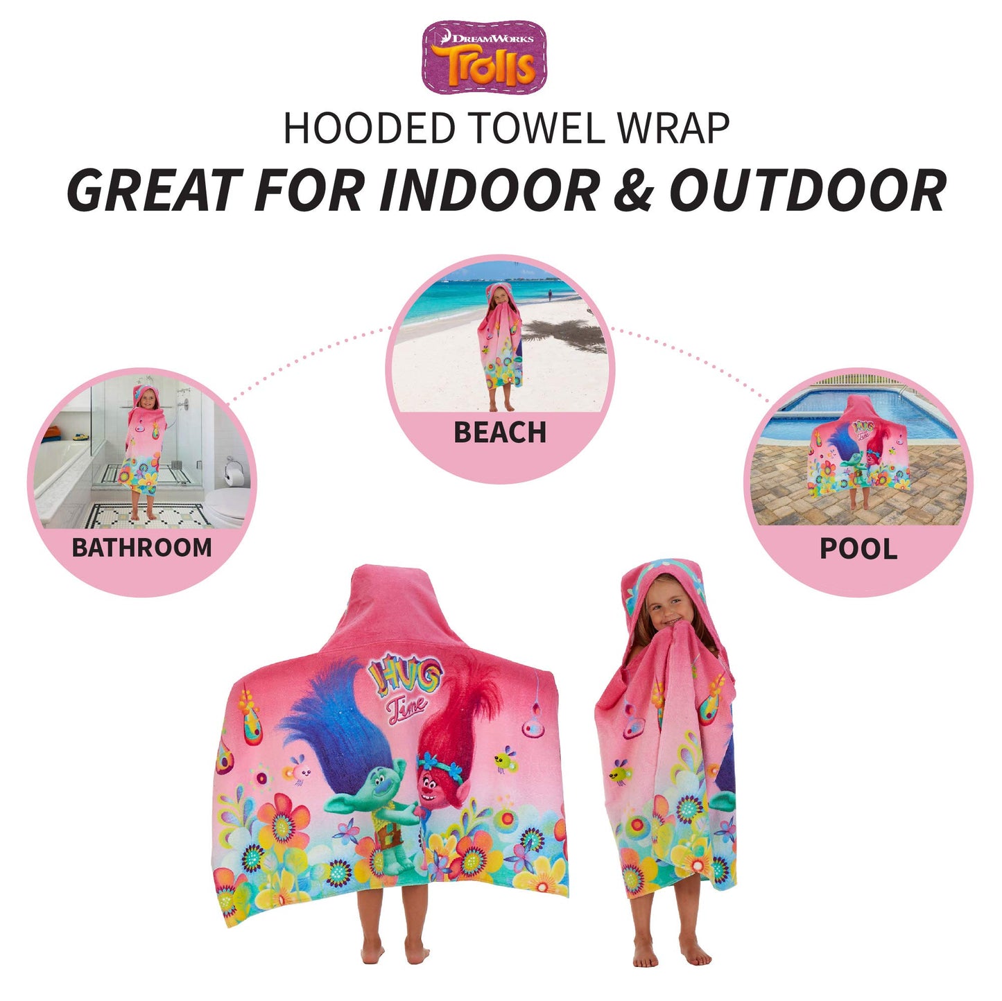 Trolls Bath/Pool/Beach Cotton Terry Hooded Towel Wrap, 24 In X 50 In, By Franco Kids