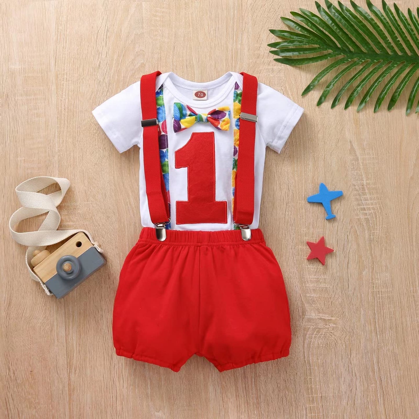 Vivifayee Baby Boy One 1St Birthday Outfits First Christmas Clothes Short Sleeve Bow Tie Romper Shorts Set Suspenders 3Pcs