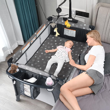 Biusikan Bedside Bassinet For Baby, Baby Crib With Mosquito Net, Mattress, Diaper Changer, Baby Playpen For Newborn To Toddles,