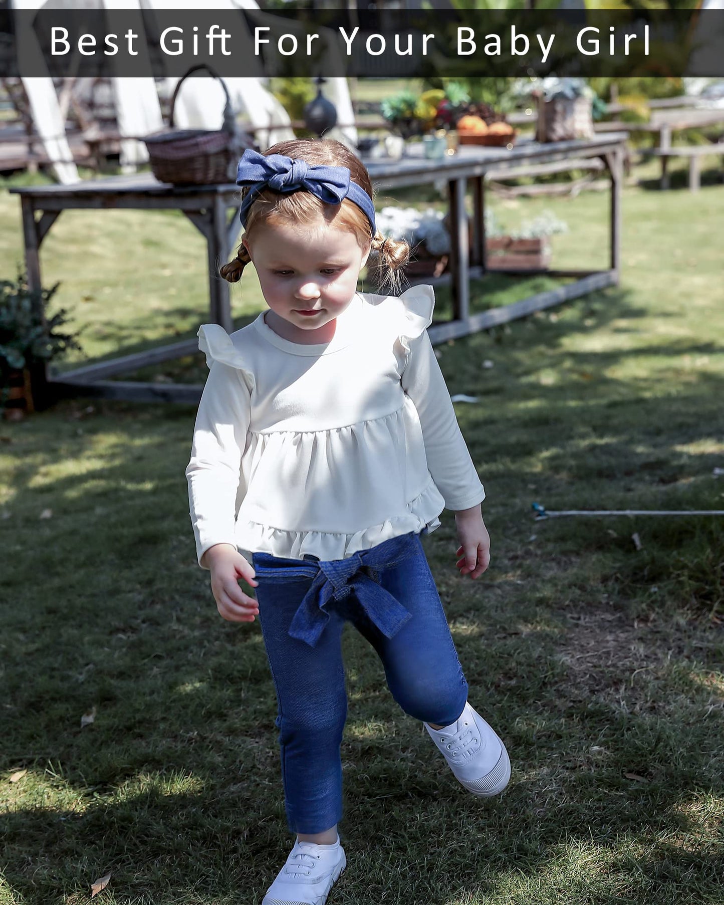 Nzrvaws Infant Toddler Baby 18 Months Girls Clothes Long Sleeve Ruffles White Shirt Tops + Denim Blue Long Pants+ Headband Fall