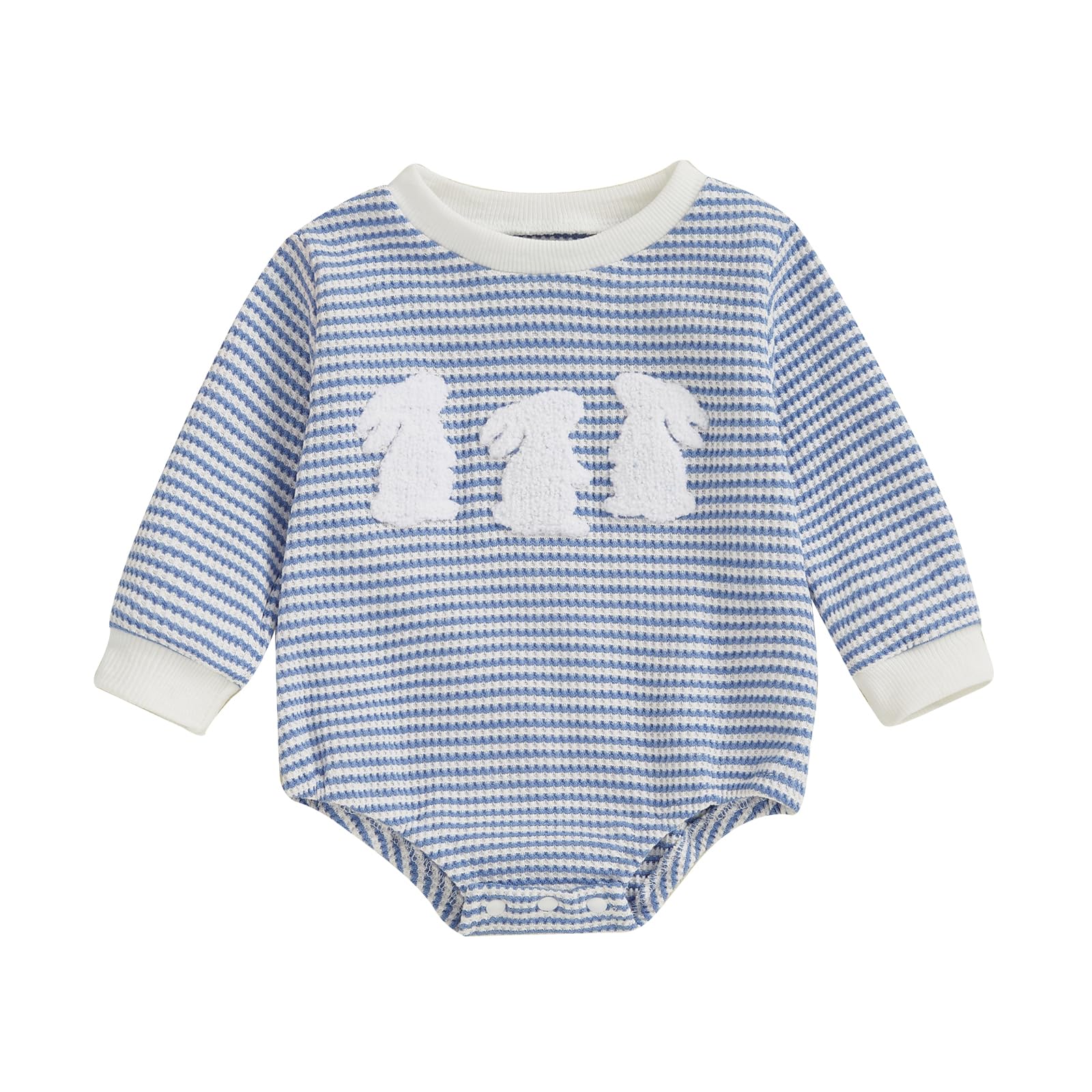 VISGOGO Easter Baby Boys Sweatshirts Rompers Bunny/Carrot Embroidery Onesie Long Sleeve Waffle Bodysuits Jumpsuits (Blue-Rabbit,