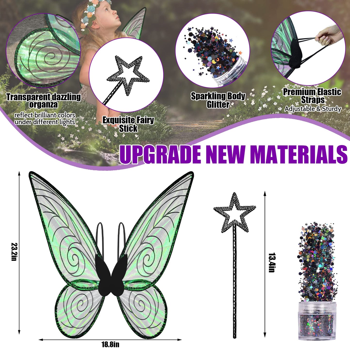 U-Zomir Fairy Costume Wings For Women Girls, Sparkle Black Fairy Butterfly Wings Halloween Costume Dress Up Christmas Birthday P