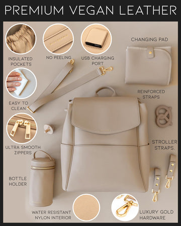 Mia + Sophia Leather Diaper Bag Backpack With Usb Charging Port, Changing Pad, Stroller Straps, And Bottle Holder (Beige Olivia)