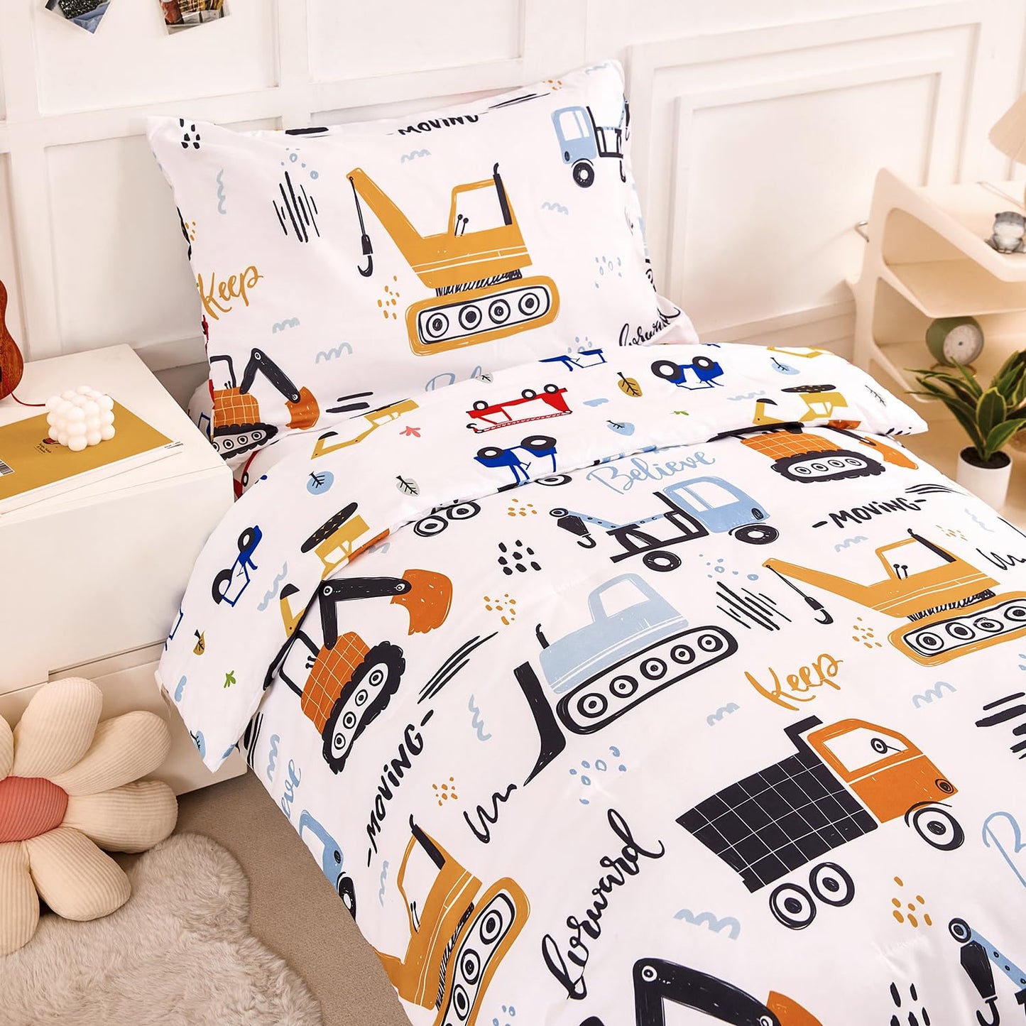 Perfemet 4 Piece Toddler Bedding Set For Boys Car Printed Toddler Comforter Set With Sheets Reversible Cartoon Tractors Kids Bed