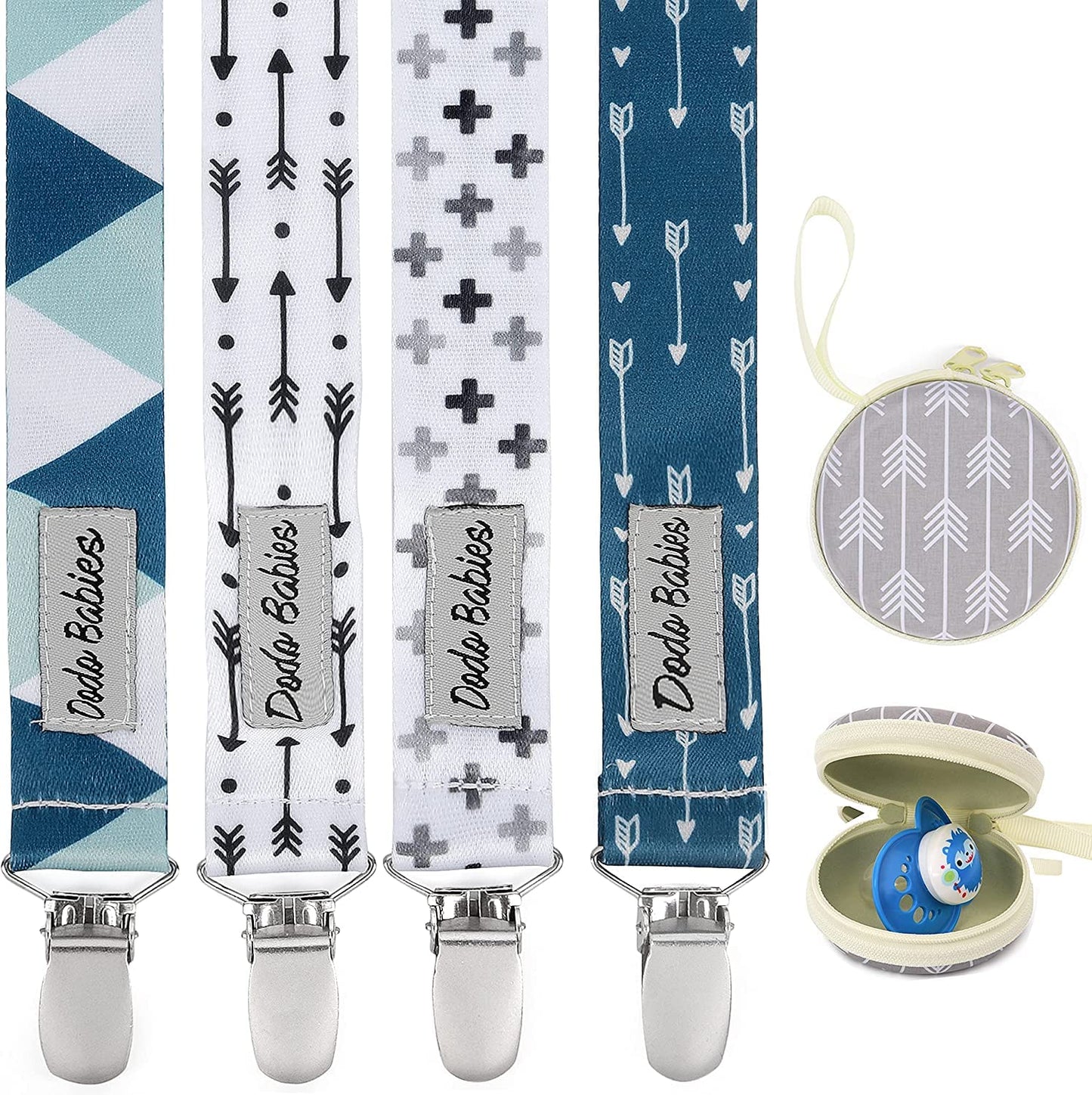 Dodo Babies Pacifier Clip Set - Universal Holder & Pacifier Holder - Detachable Binky Case & Binky Clip - Durable Polyester Stra