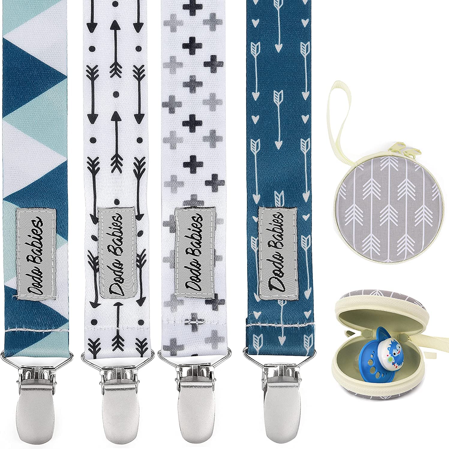 Dodo Babies Pacifier Clip Set - Universal Holder & Pacifier Holder - Detachable Binky Case & Binky Clip - Durable Polyester Stra
