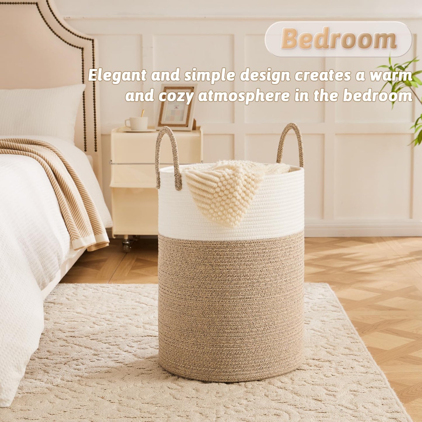 Artfeel Laundry Basket,Woven Cotton Rope Laundry Hamper,60L For Decor Storage Of Dirty Clothes,Toys And Blankets In Bathroom,Bab