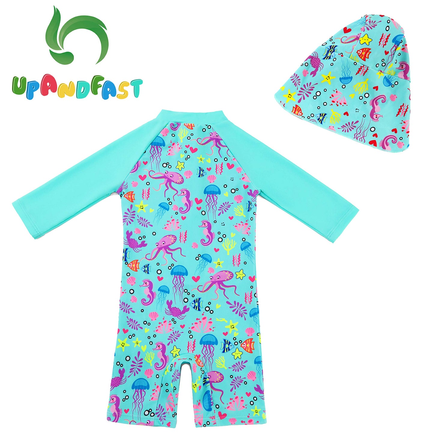 Upandfast Baby/Toddler One Piece Zip Sunsuit With Sun Hat Upf 50+ Sun Protection Baby Swimsuit (Green(3/4 S), 6-9 Months)