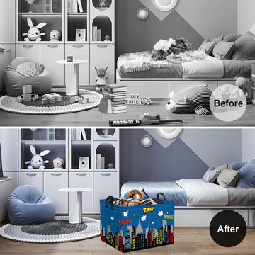 Clastyle 36L Large City Skyline Blue Book Shelf Basket Hero Comic Zap Wow Boom Gift Basket For Kids Room Nursery Rectangle Build