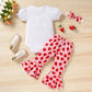 Grnshts Baby Girl Birthday Clothes One Letter Short Sleeve Romper+Strawberry Print Flared Pants+Headband 3Pcs Cake Smash Outfits