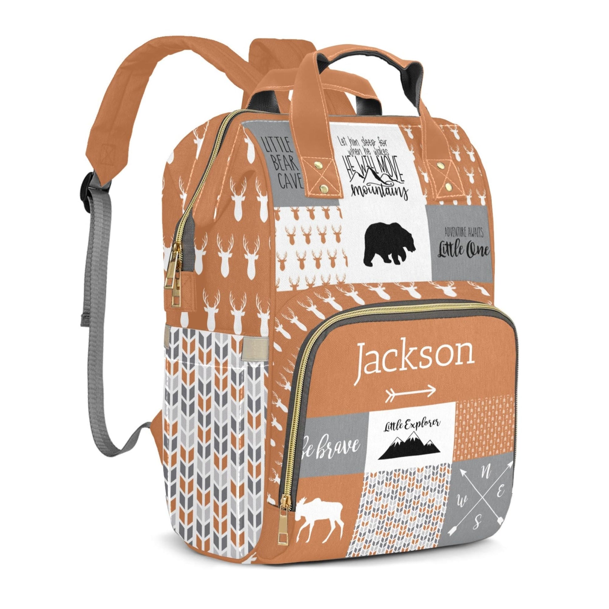 Perarts Orange Woodland Bear Personalized Diaper Bag Backpack for Baby Boys with Name, Custom Nappy Nursing Bag for Moms, Custom