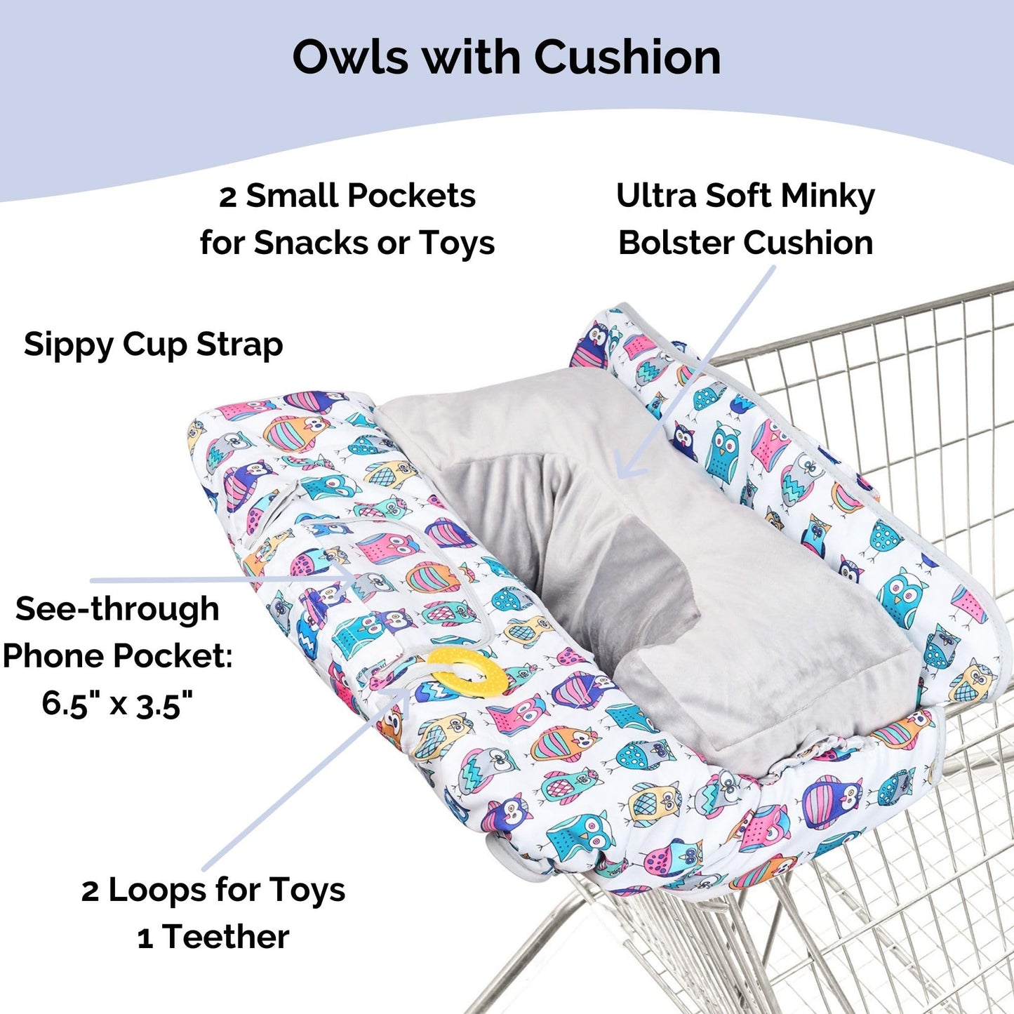 Suessie Shopping Cart Cover And High Chair Cover With Bolster Support Pillow (Owls With Cushion)