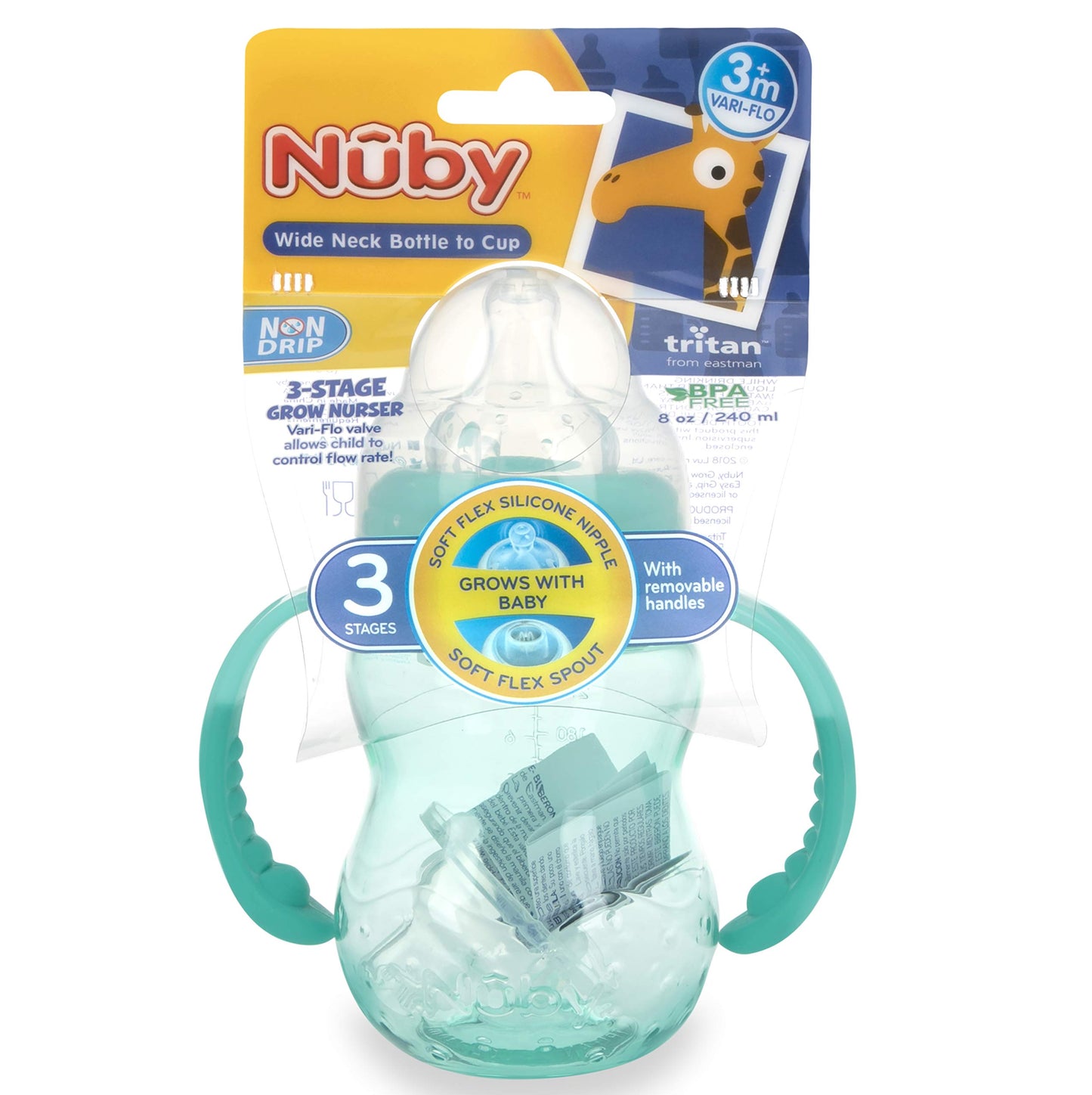 Nuby 3 in 1 Baby Bottle to Training Sippy Cup - 8 Oz Toddler Cups Spill Proof with Soft Spout, Nipple & Removable Grip Handles -