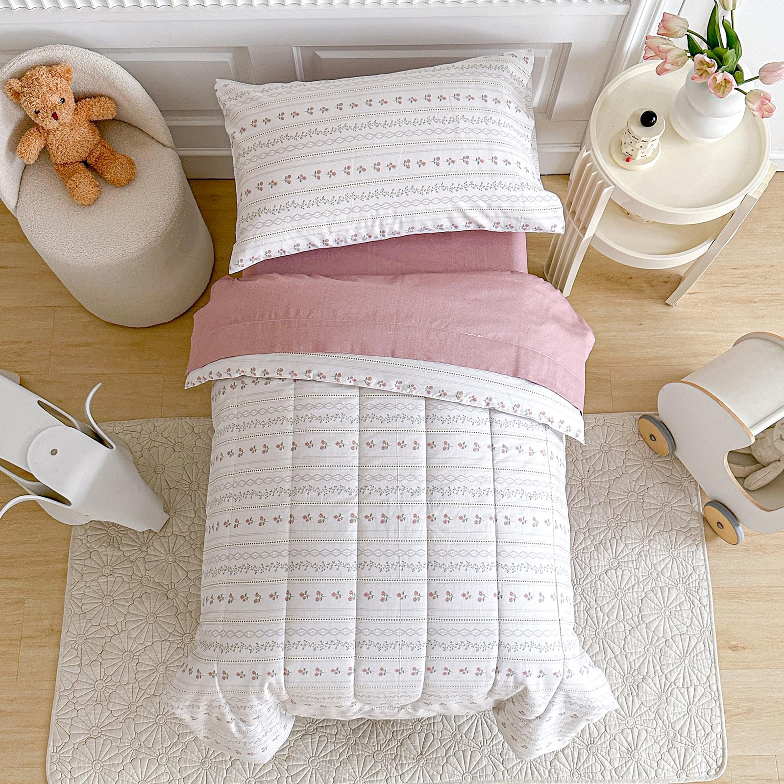 Joyreap 4 Piece Cotton Toddler Bedding Set For Girls, Flower Stripes Boho Design, Soft Breathable Cotton Toddler Comforter Set,