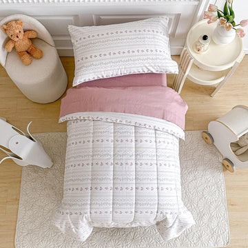 Joyreap 4 Piece Cotton Toddler Bedding Set For Girls, Flower Stripes Boho Design, Soft Breathable Cotton Toddler Comforter Set,