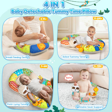 Urmywo Tummy Time Mat - 4 In 1 Cozy Tummy Time & Seated Support Pillow, Sitting Support For Newborn 0-12 Months, Infant Baby Sit