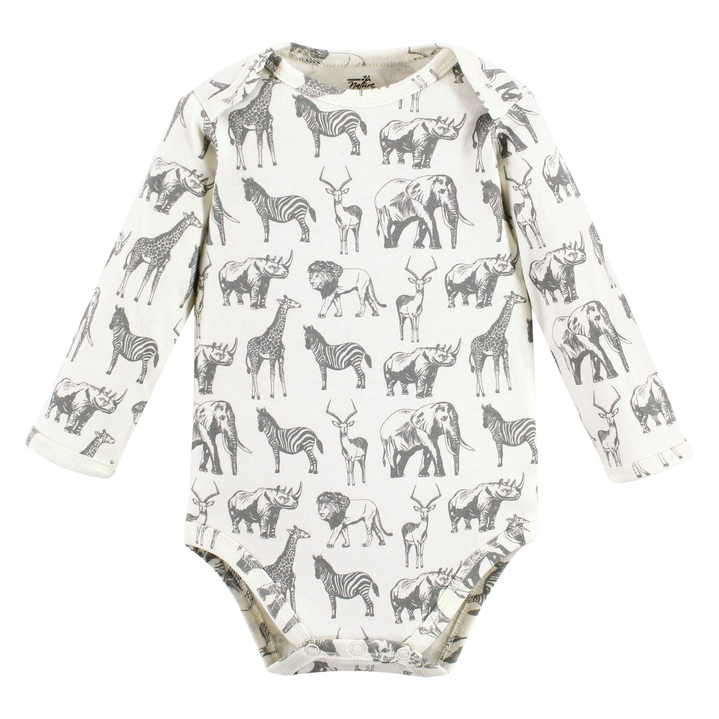 Touched By Nature Unisex Baby Organic Cotton Long-Sleeve Bodysuits, Neutral Safari, 0-3 Months