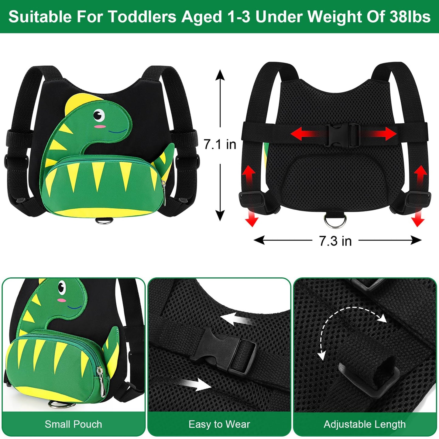 Accmor Toddler Harness Leash + Anti Lost Wrist Link, Cute Dinosaur Kids Harness With Leash, Adorable Child Harness Leash Wristba
