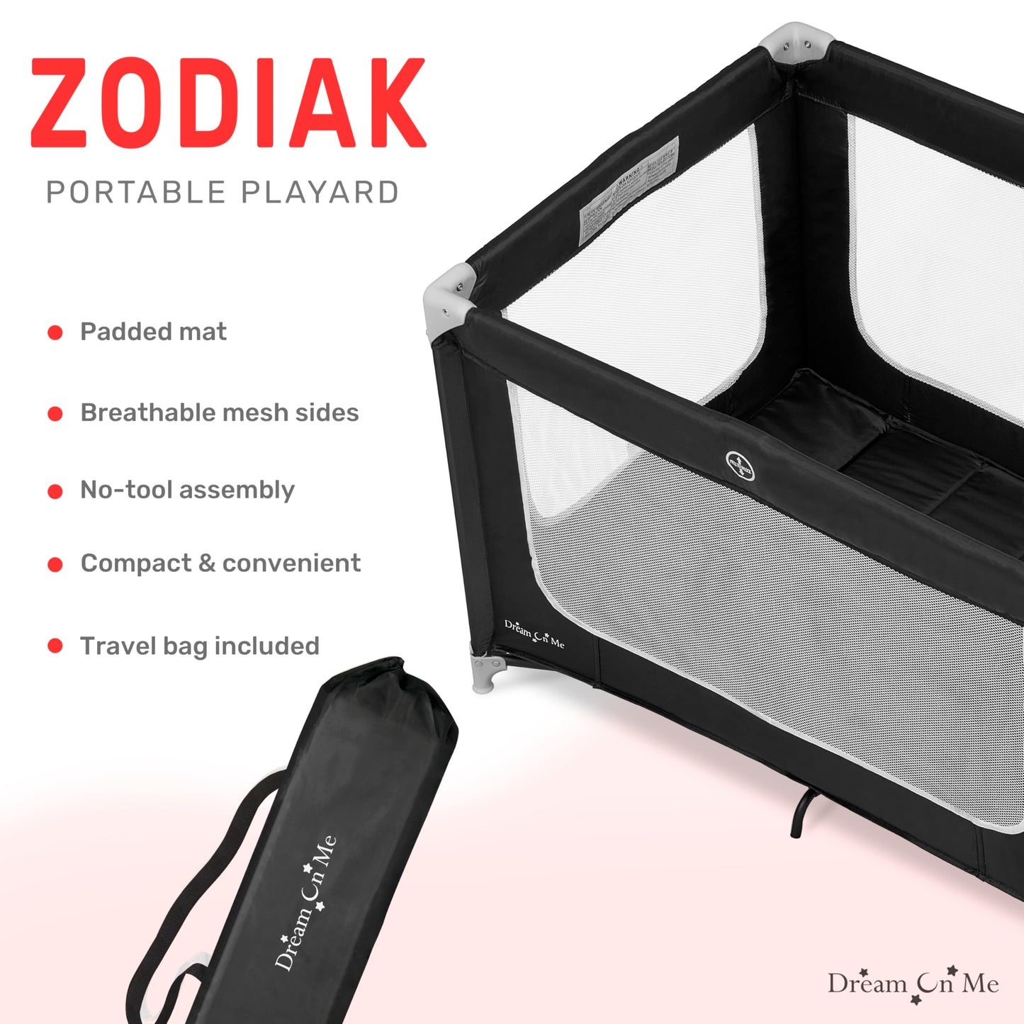 Dream On Me Zodiak Portable Playard In Black, Lightweight, Packable And Easy Setup Baby Playard, Breathable Mesh Sides And Soft