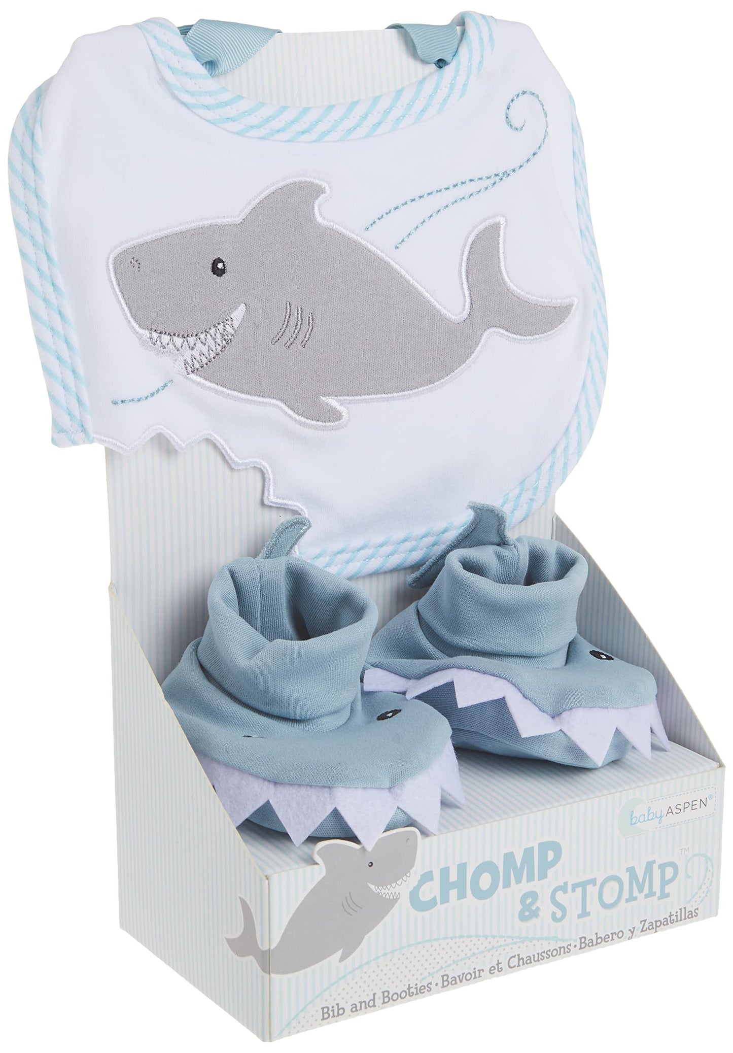 Baby Aspen Shark Bib and Booties Gift Set - Unique Baby Shower Gifts for Boys - 100% Cotton Newborn Bibs and Baby Booties 0-3 Mo