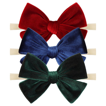 Oneninedream Baby Girls 4' Velvet Hairband Handmade Tied Bow Elastic Nylon Hair Accessories, 3 Pcs Red, Green, Dark Green