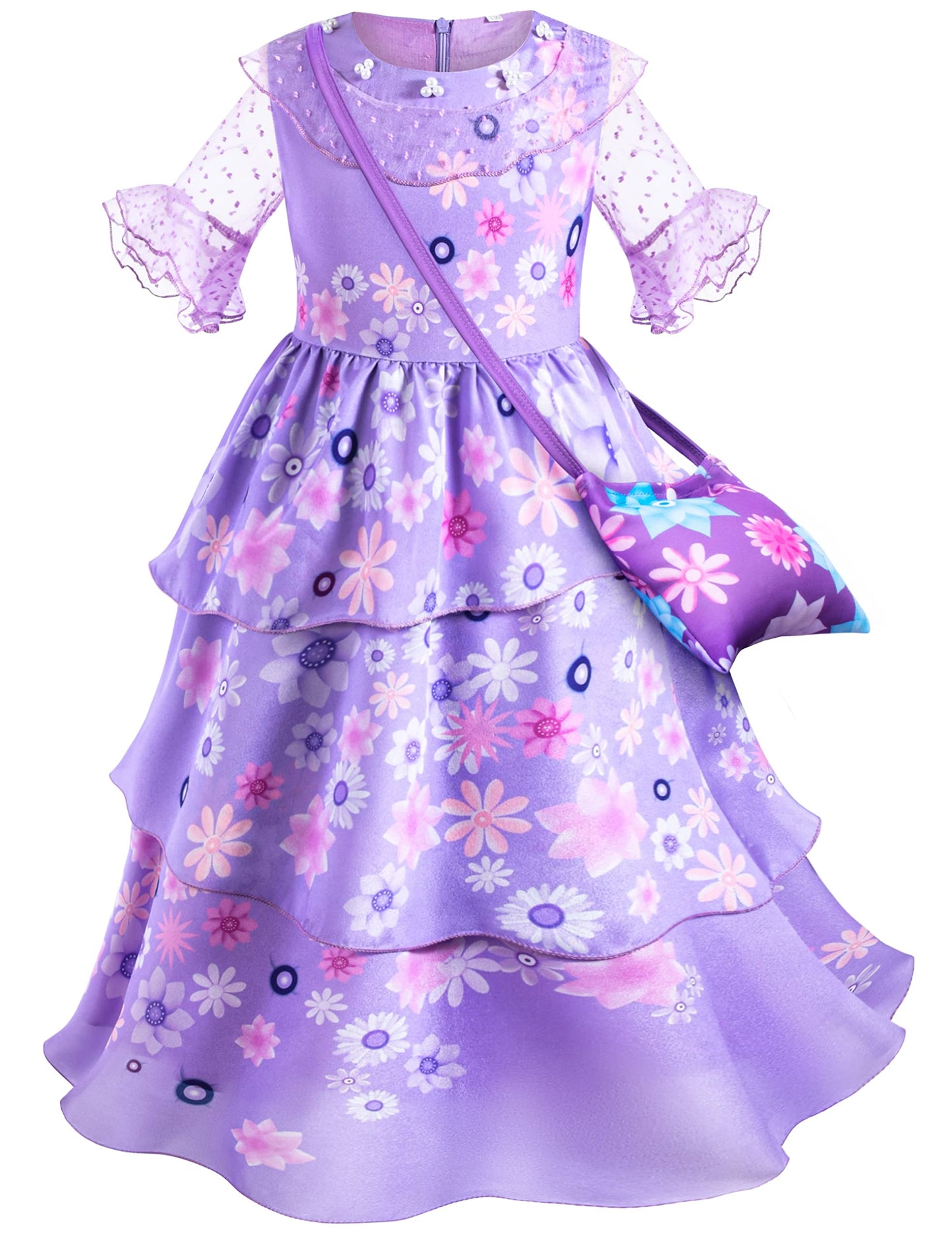 Purple Princess Costume Dress For Girls Birthday Halloween Party Dress Up With Bag Headband Necklace Earrings Ring Accessories 3