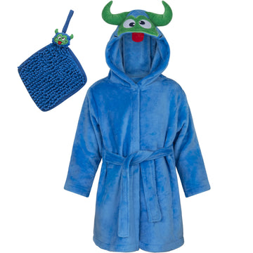 Rising Star Baby Boy Robe, Monster Blue - Soft Plush Bath Towel Robe Spa Set For Infants, 0-9 Months