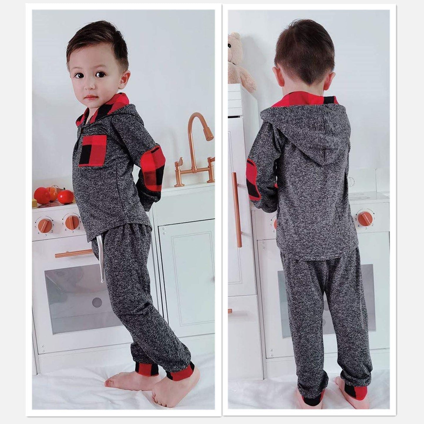 2T Boys Clothes Toddler Boy Cute Outfit Long Sleeve Hoodie Outfit Plaid Sweatshirt Pants Set Little Boy Clothes 2T 3T Red