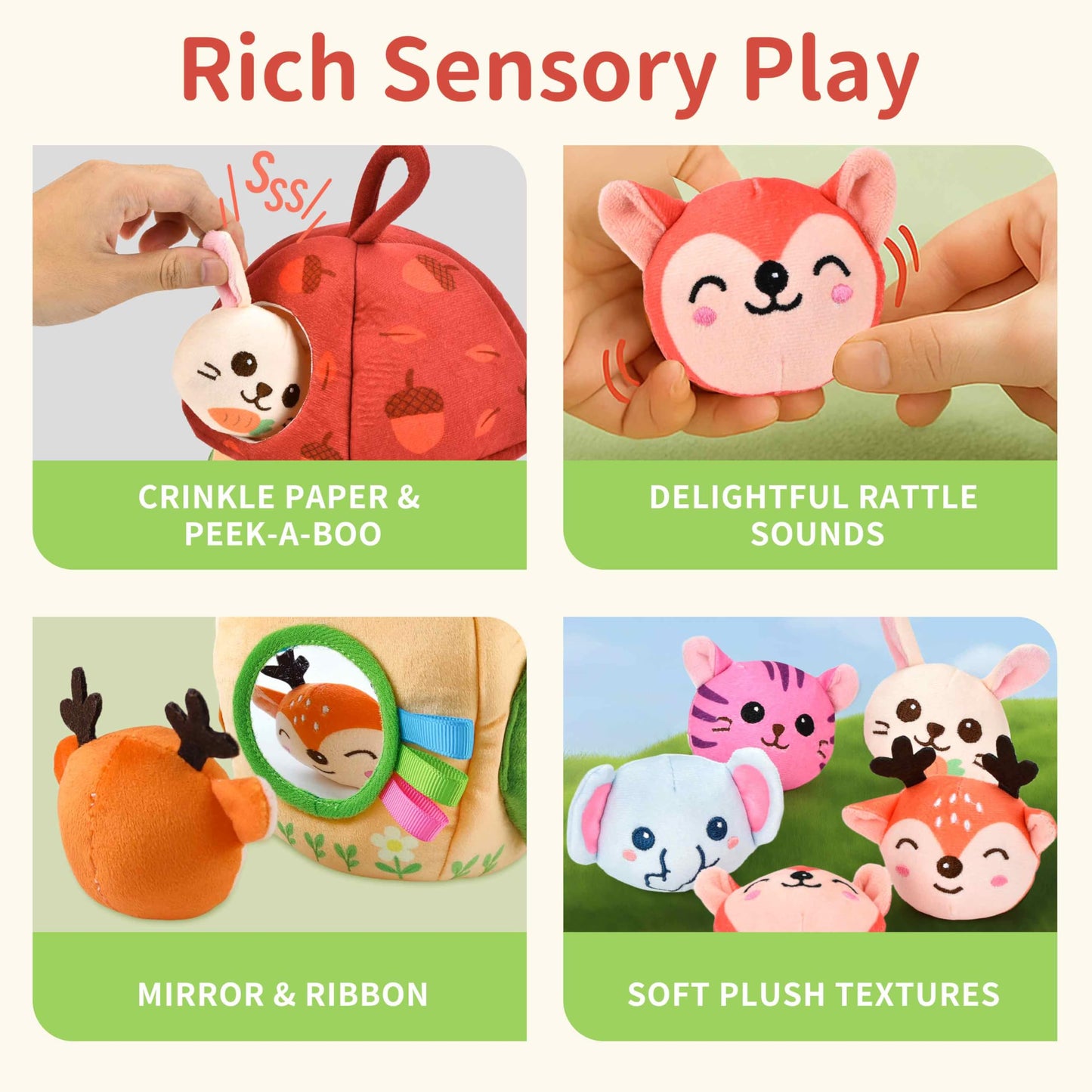 8-in-1 Montessori Toys for 1 Year Old & 6-12 Months Babies - Sensory Developmental Playset with Acorn House, Plush Animals & Clo