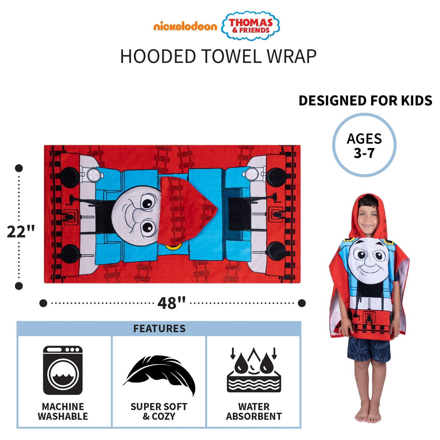 Franco Thomas & Friends Kids Beach/Pool/Bath/Camping Hooded Towel Poncho 24' X 22', Absorbent Cotton Cover Up, (Official Licen
