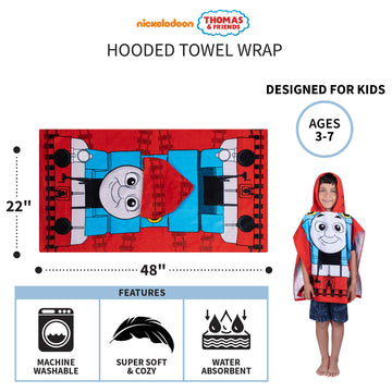 Franco Thomas & Friends Kids Beach/Pool/Bath/Camping Hooded Towel Poncho 24' X 22', Absorbent Cotton Cover Up, (Official Licen