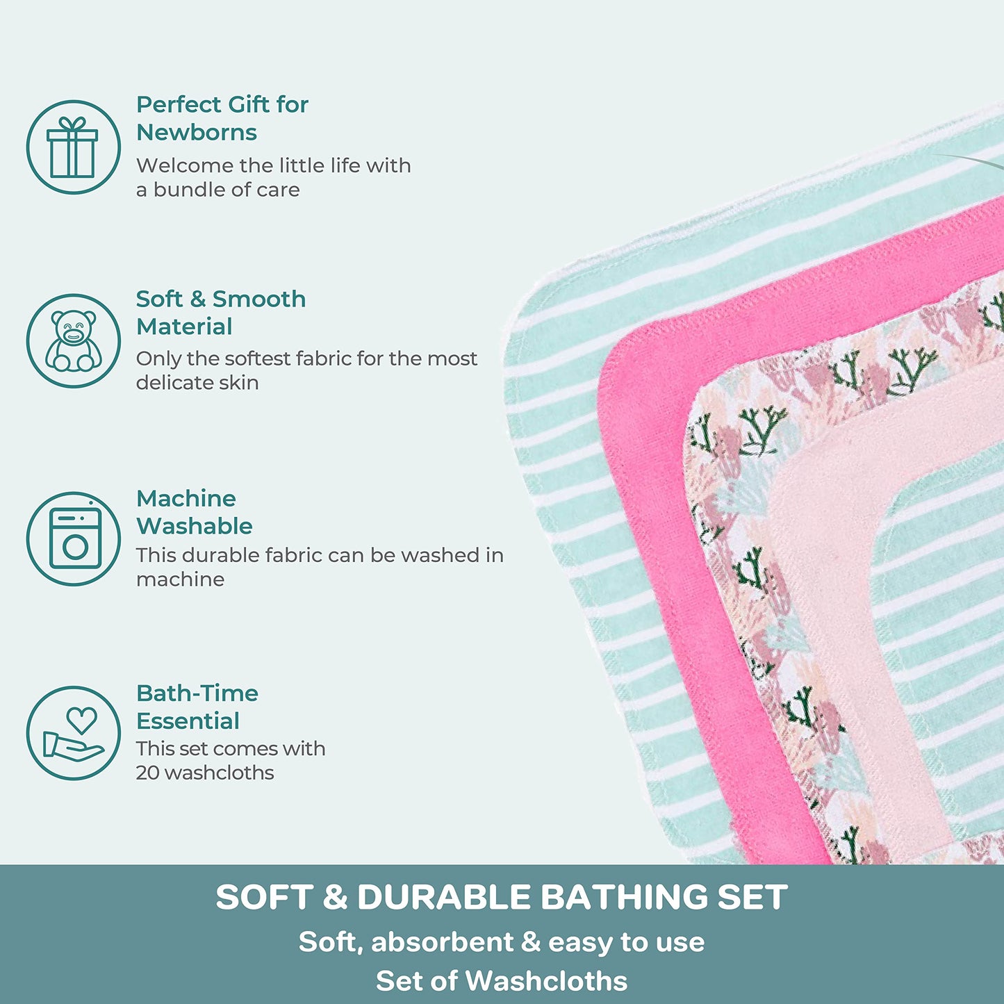 Spasilk Washcloth Wipes Set For Newborn Boys And Girls, Soft Terry Washcloth Set, Pack Of 20, Pink Coral