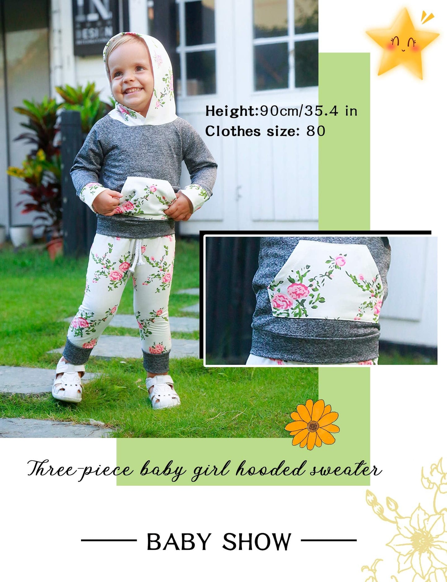 Oklady Newborn Baby Girl Clothes Long Sleeve Flowers Hoodie Tops Infant Baby Girl Pants Outfits (A-Grey, 0-6 Months)