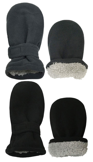 N'Ice Caps Little Kids And Baby Easy-On Sherpa Lined Fleece Mittens - 2 Pair Pack (Black/Charcoal Pack - Infant No Thumbs, 6-18