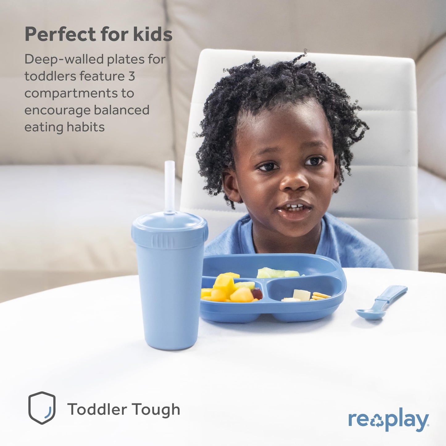 Re-Play Made In Usa 7' Deep Walled Divided Plates For Kids, Set Of 3 - Reusable 3 Compartment Plates, Dishwasher And Microwave