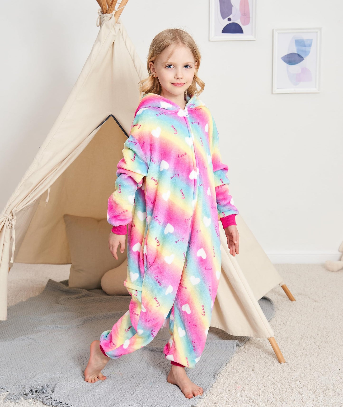 Kids Unicorn Onesie Animal One Piece Pajamas Halloween Costumes (Color Love, 8-10 Years)