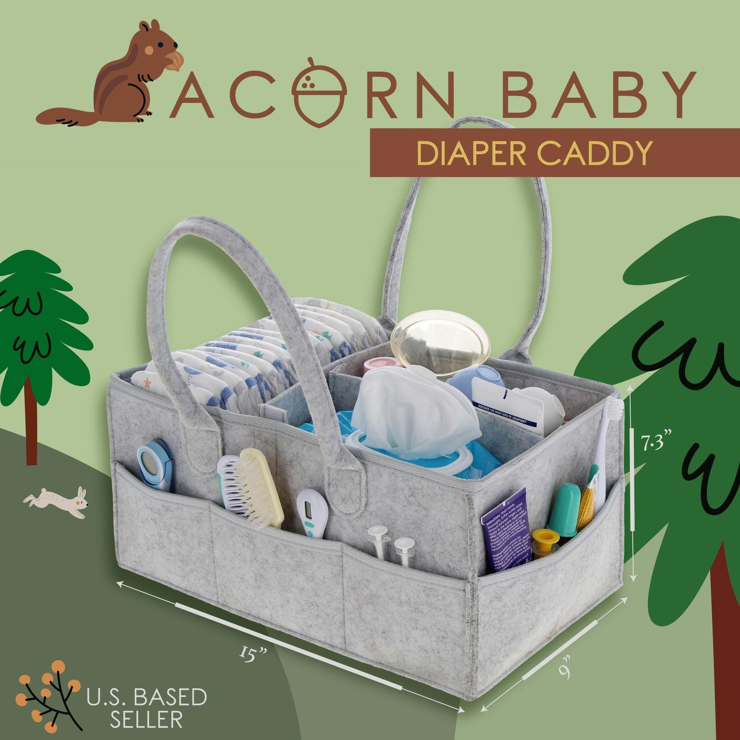 Acorn Baby Diaper Organizer Caddy Bag - Large Felt 15X9In Car And Nursery Organizer And Baby Diaper Caddy Organizer