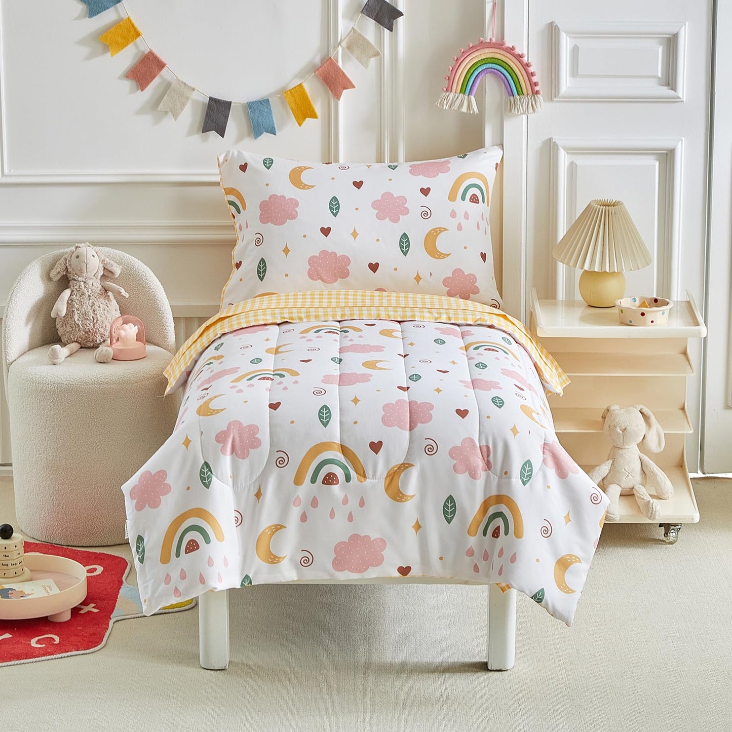 Joyreap 4 Piece Toddler Bedding Set For Girls- Pink N Yellow Clouds Moon Rainbow Lovely Design, Microfiber Toddler Bedding Comfo