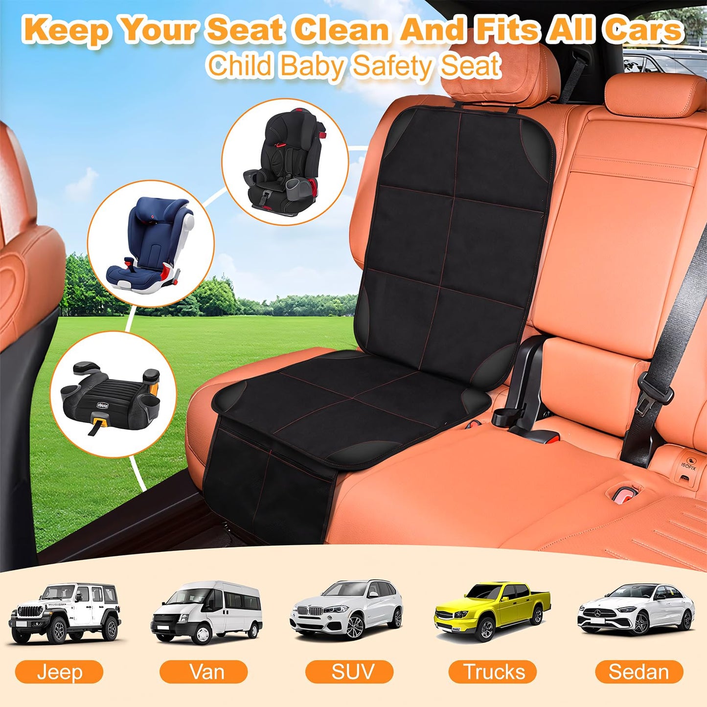 Smart Elf Car Seat Protector For Child Car Seat, 1Pack Car Baby Seat Protector With Red Line Design, Car Seat Mat With Non-Slip
