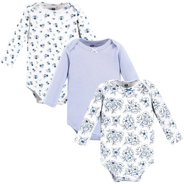 Hudson Baby Unisex Baby Cotton Long-Sleeve Bodysuits Blue Toile 3-Pack, 6-9 Months