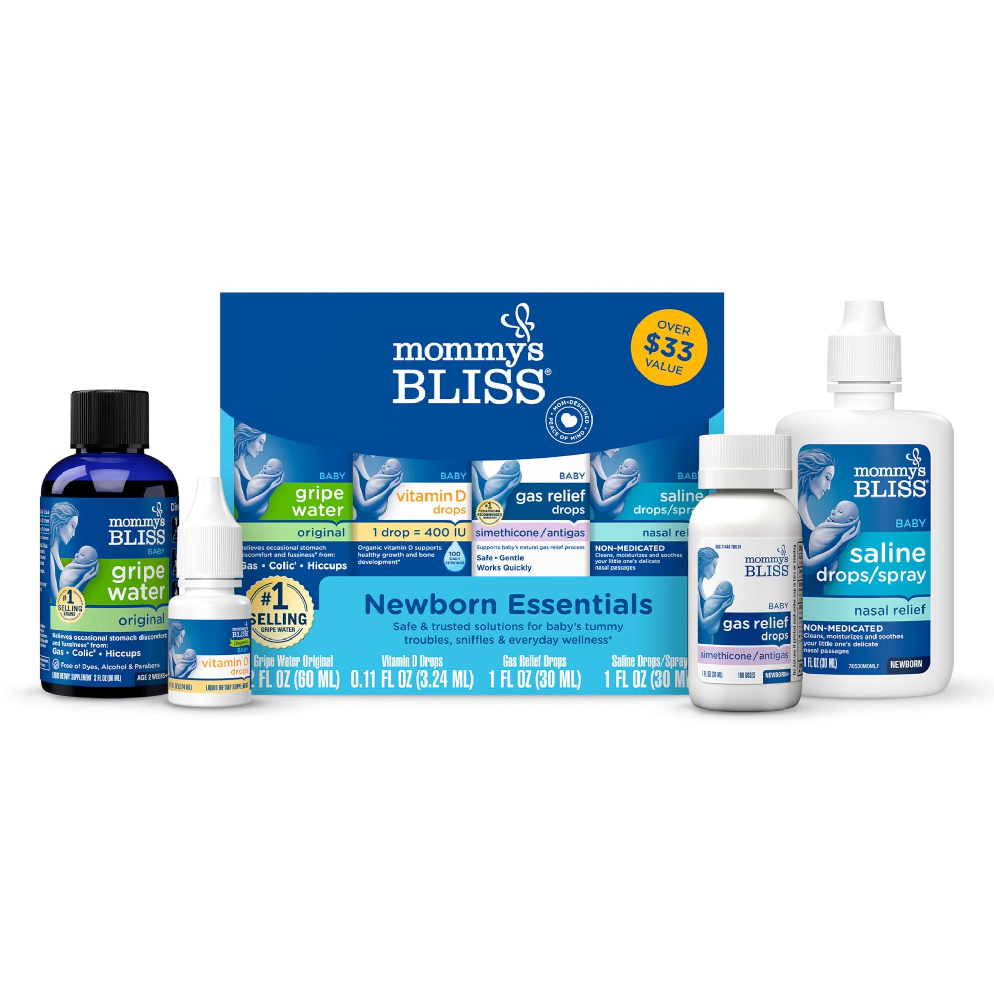 Mommy'S Bliss Newborn Essentials Gift Set, Includes Gripe Water, Baby Vitamin D / Gas Drops And Gentle Saline Drops/Spray