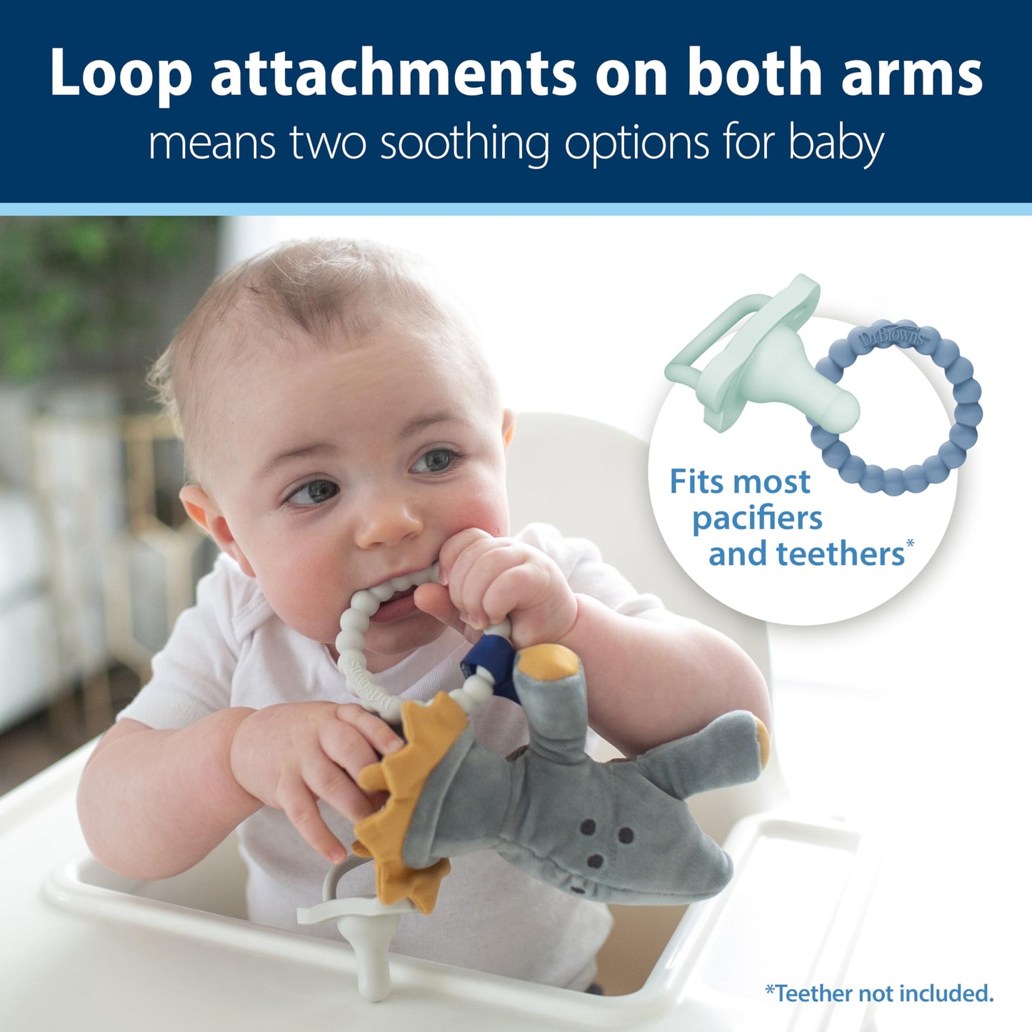 Dr. Brown'S Baby Lovey Pacifier And Teether Holder, Triceratops With Gray Happypaci, 100% Silicone, 0-6M