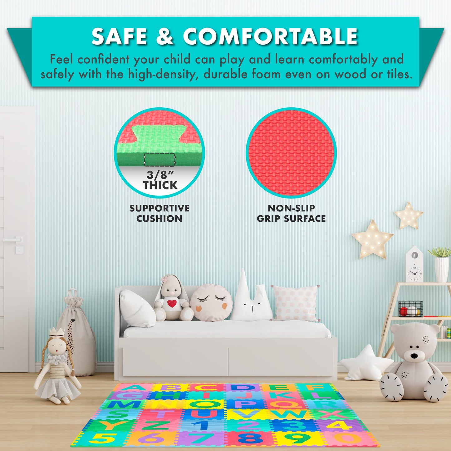 ProSource Kids Puzzle Alphabet, Numbers, 36 Tiles and Edges Play Mat, 12x12, Abc & 123