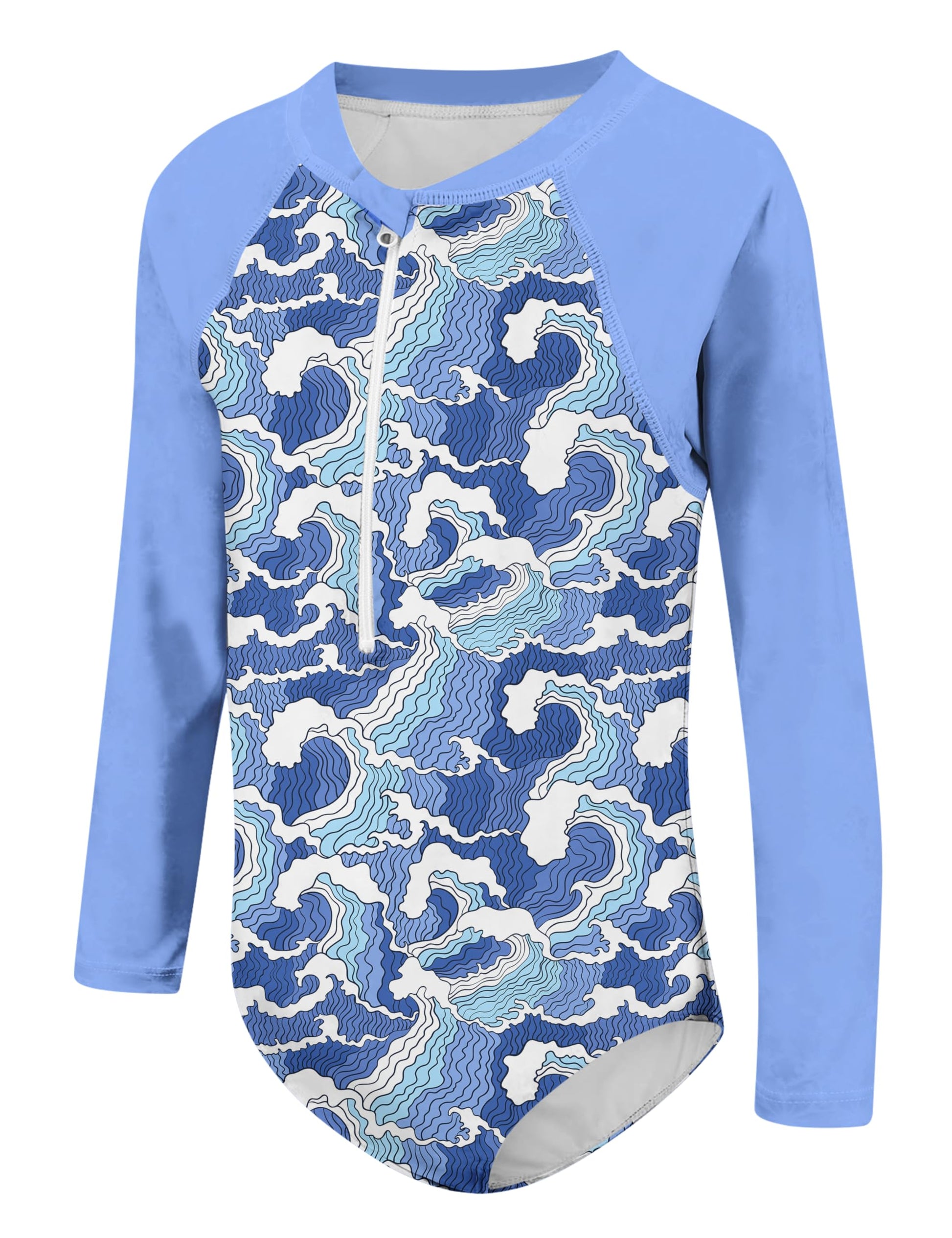 Uideazone Little Girls One Piece Swimsuit Long Sleeve Sun Protection Bathing Suit Wave Print Rashguard Swimwear For Summer Beach