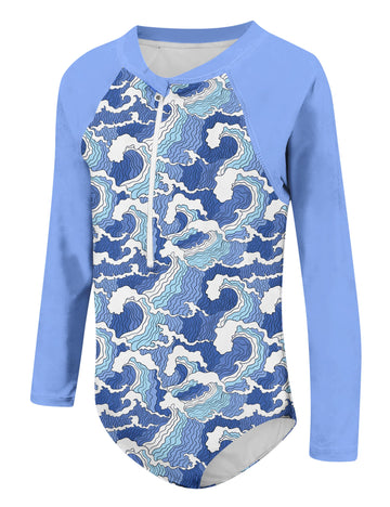 Uideazone Little Girls One Piece Swimsuit Long Sleeve Sun Protection Bathing Suit Wave Print Rashguard Swimwear For Summer Beach