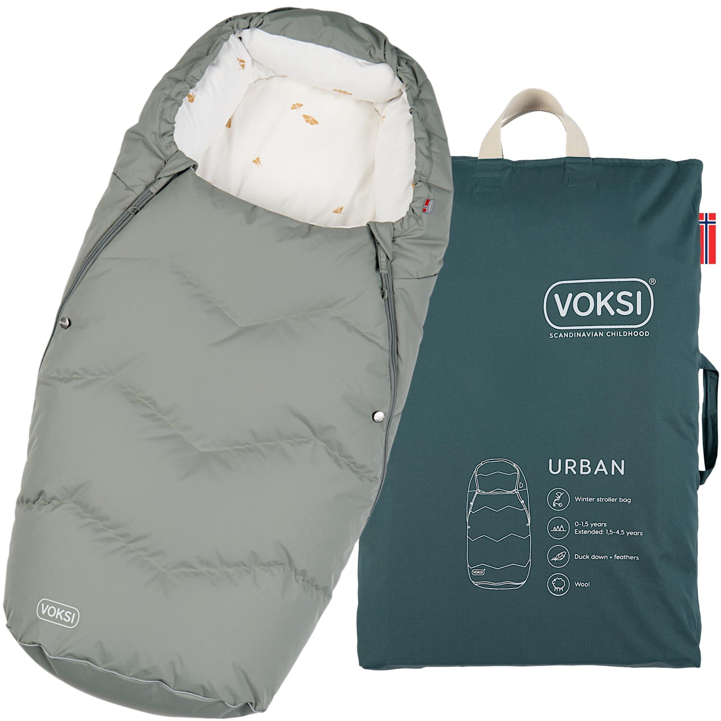 Voksi Footmuff for Stroller, Urban 2025, Natural Wool & Down, Superbly Padded & High Insulation, Extendable, Norway Product (Mea